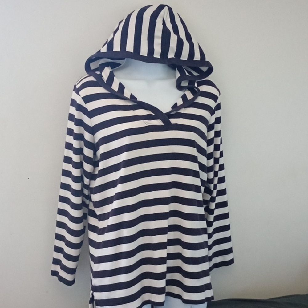 Lands' End Small Size 6-8 Striped Navy Nautical Long Sleeve Lightweight Hoodie